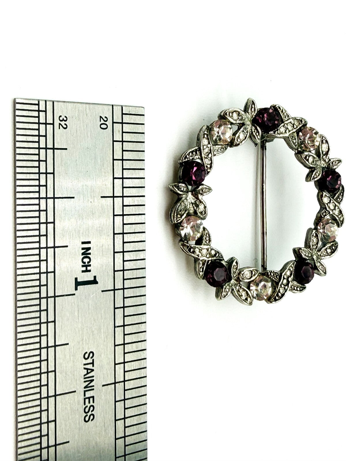 Vintage Purple & Clear Rhinestone Wreath Brooch Silver Tone Floral Pin