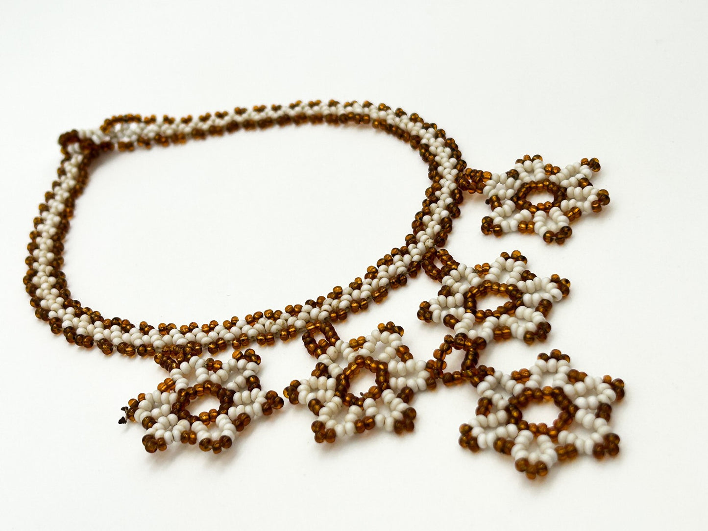 Vintage Handmade Artisan Flower Glass Bead Floral Bib Necklace Orange White