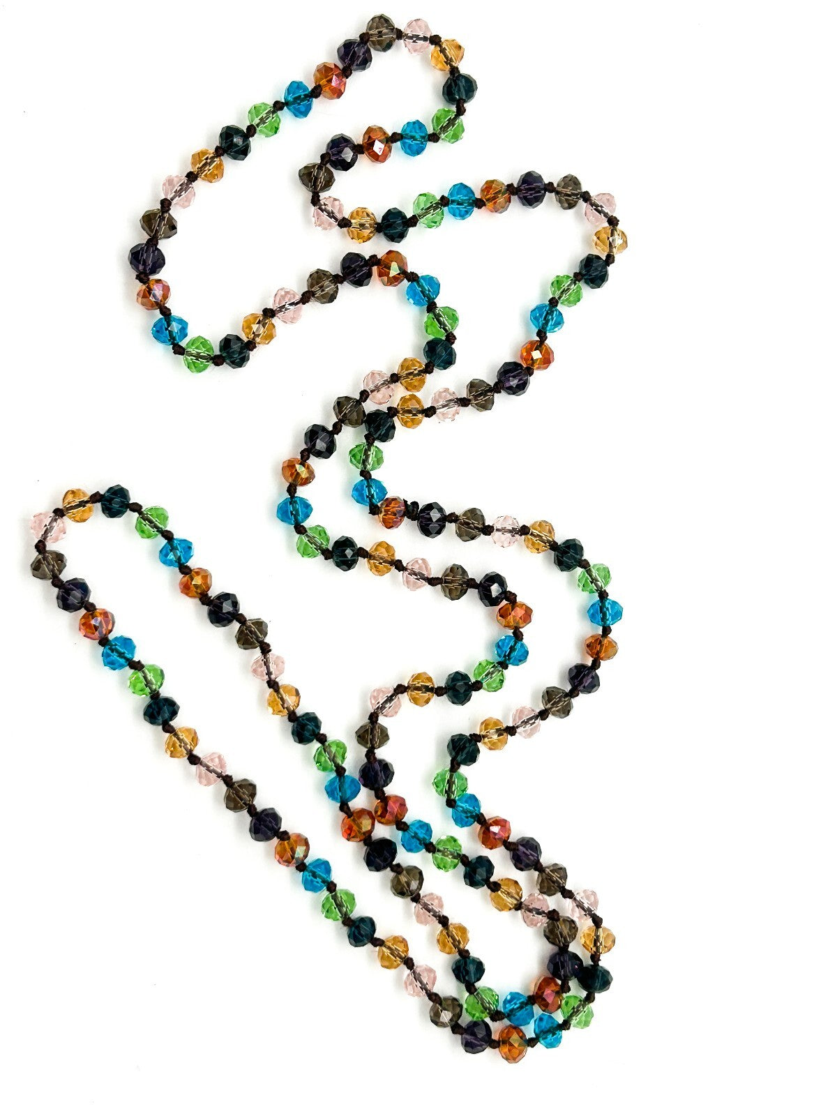 Vintage Multicolour Faceted Crystal Glass Necklace Hand Knotted Rainbow 23"