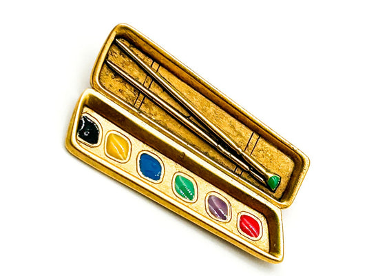 Vintage Danecraft Artist Paint Box Brooch Gold Tone Enamel Paint Palette Pin