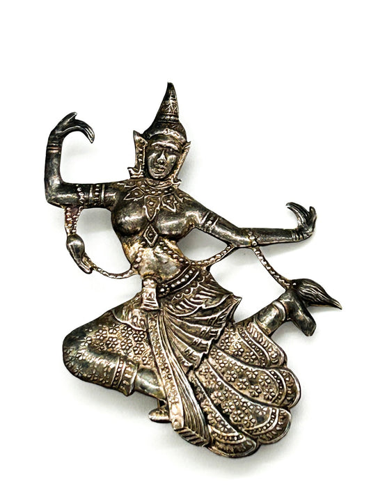 Vintage Siam Sterling Silver Thai Dancing Goddess Brooch Art Deco 1930s Signed