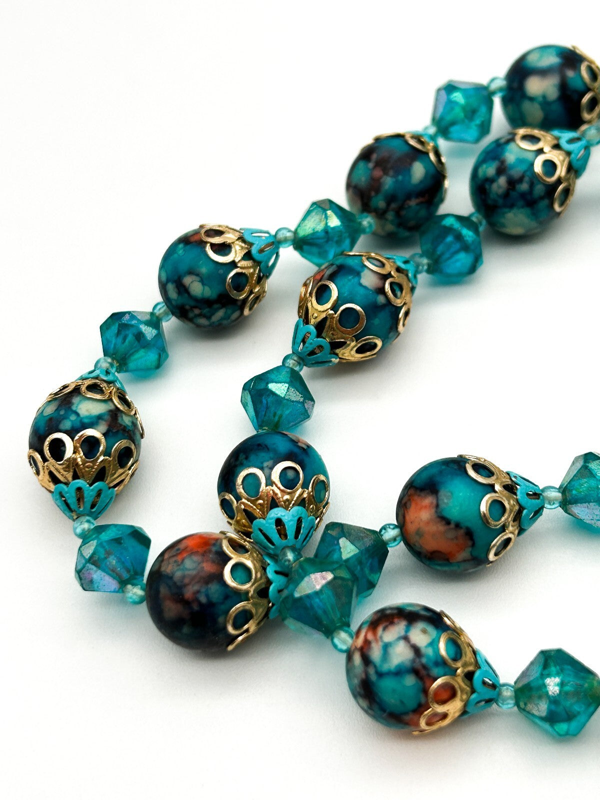 Vintage Hong Kong Double Strand Turquoise Marble Bead Necklace Blue Statement