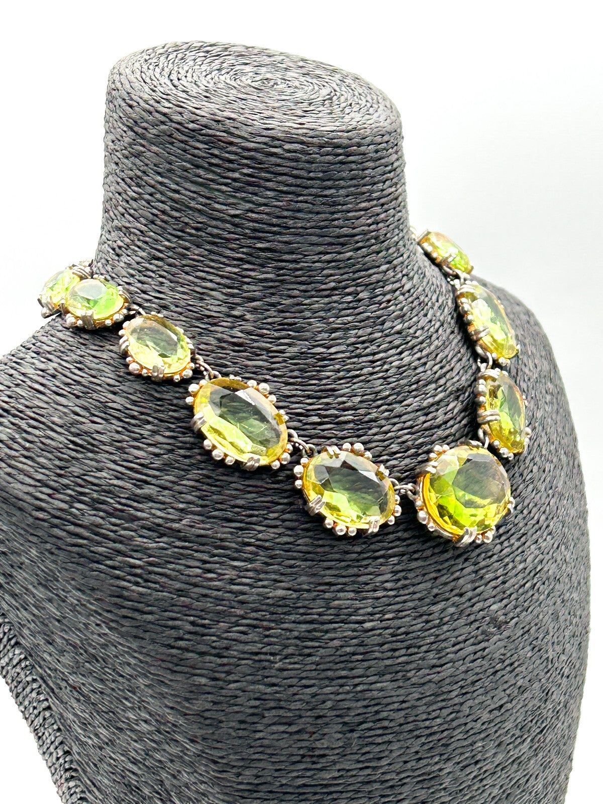 Vintage Lime Green Yellow Faceted Glass Statement Necklace Prong Oval Crystal