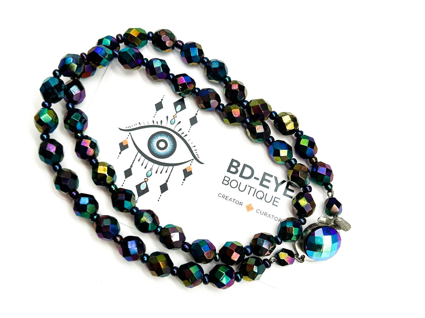 Vintage Carnival Glass Bead Necklace Peacock Iridescent Faceted 19”