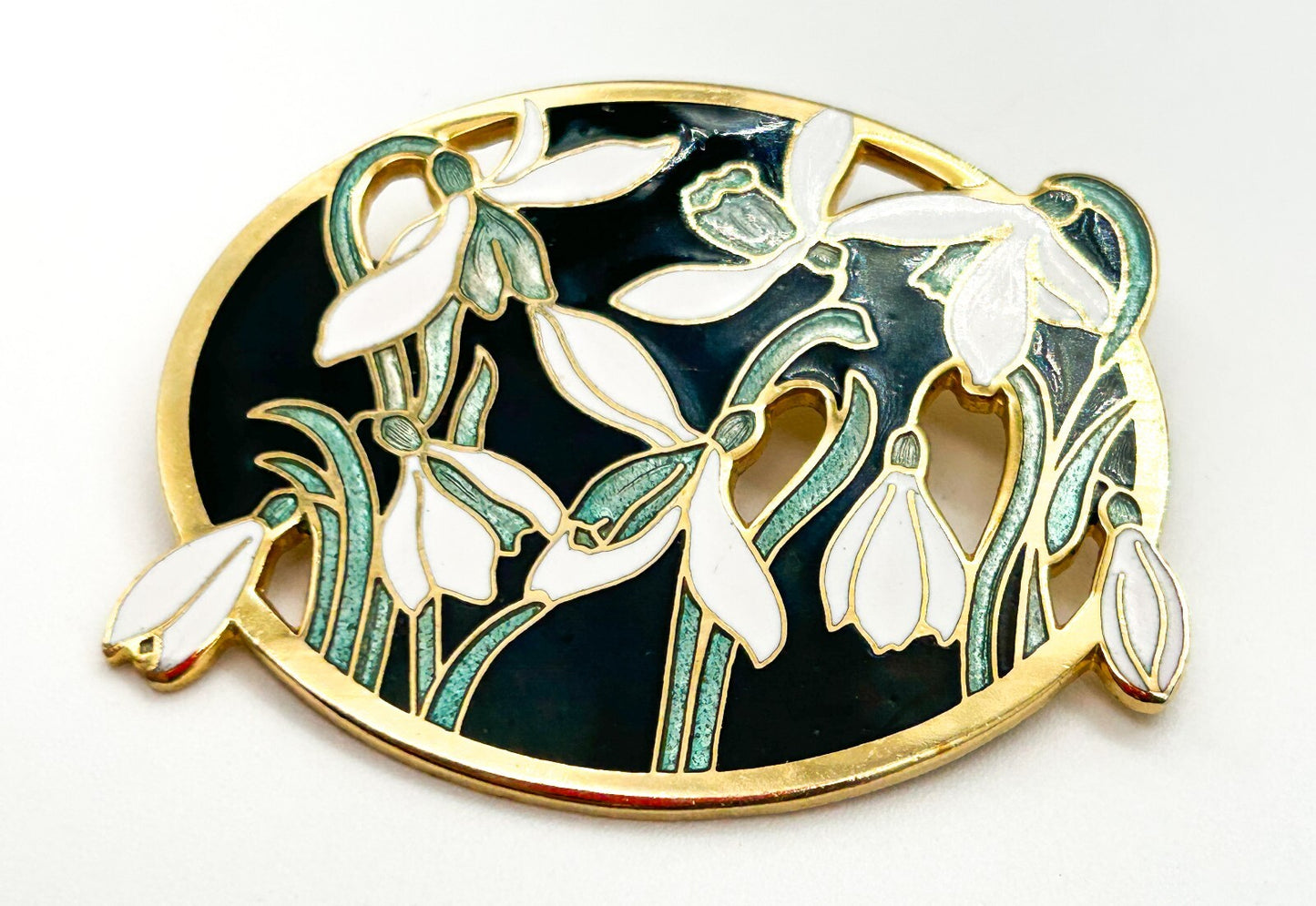 Vintage Fish & Crown Cloisonné Enamel White Floral Snowdrop Brooch Gold Tone Pin