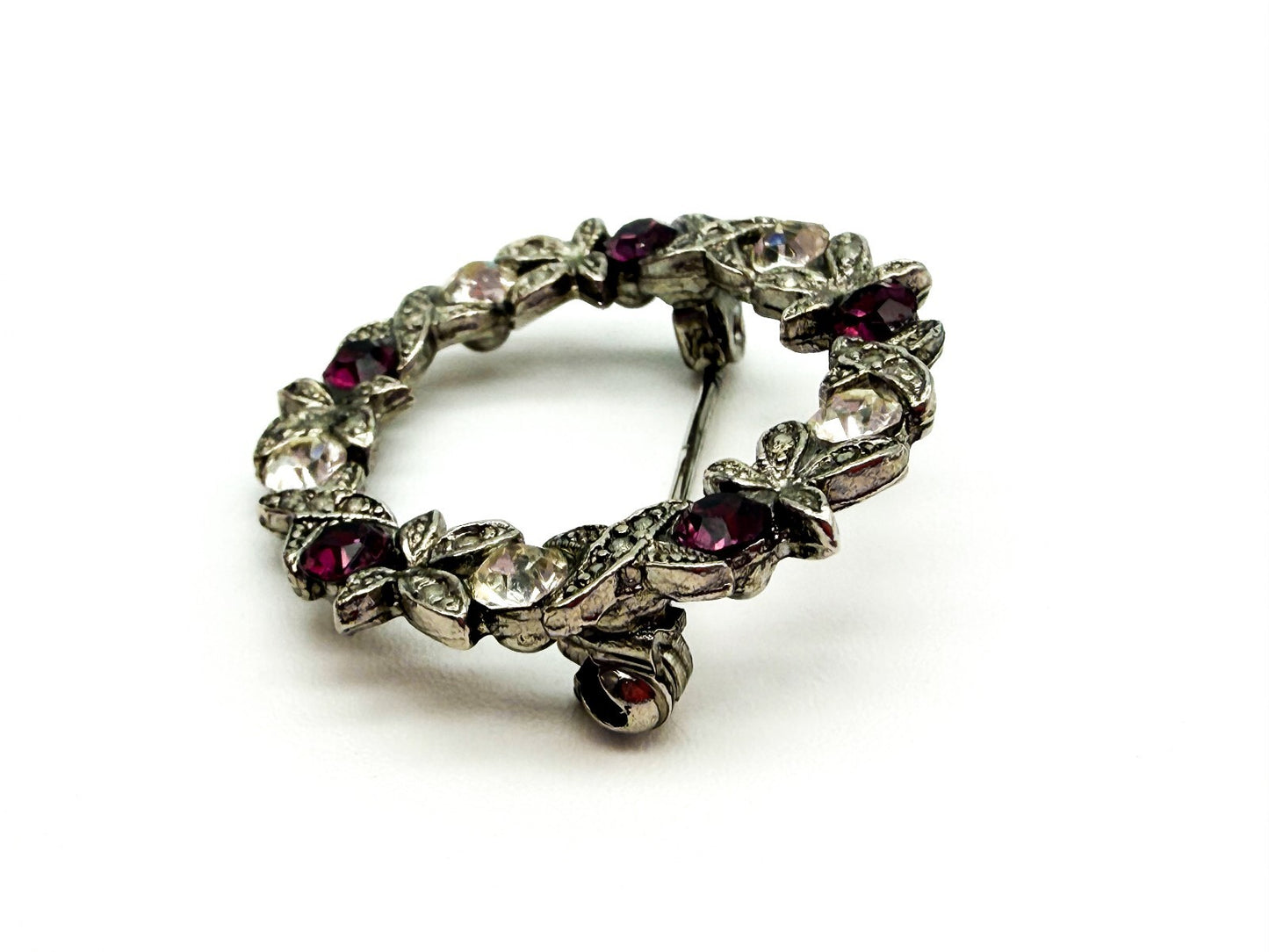 Vintage Purple & Clear Rhinestone Wreath Brooch Silver Tone Floral Pin