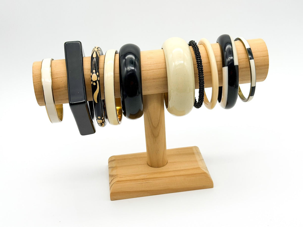 Vintage Black White Cream Bangle Bundle Gold Tone Acrylic Enamel Bracelet Set