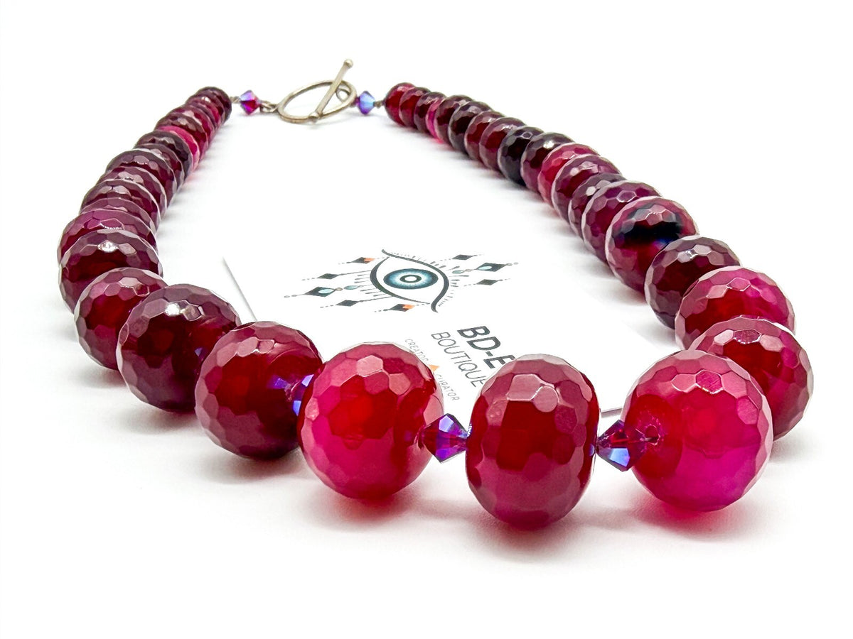 Chunky Ruby Red Quartz Necklace Faceted Magenta Gemstone Statement Toggle Clasp