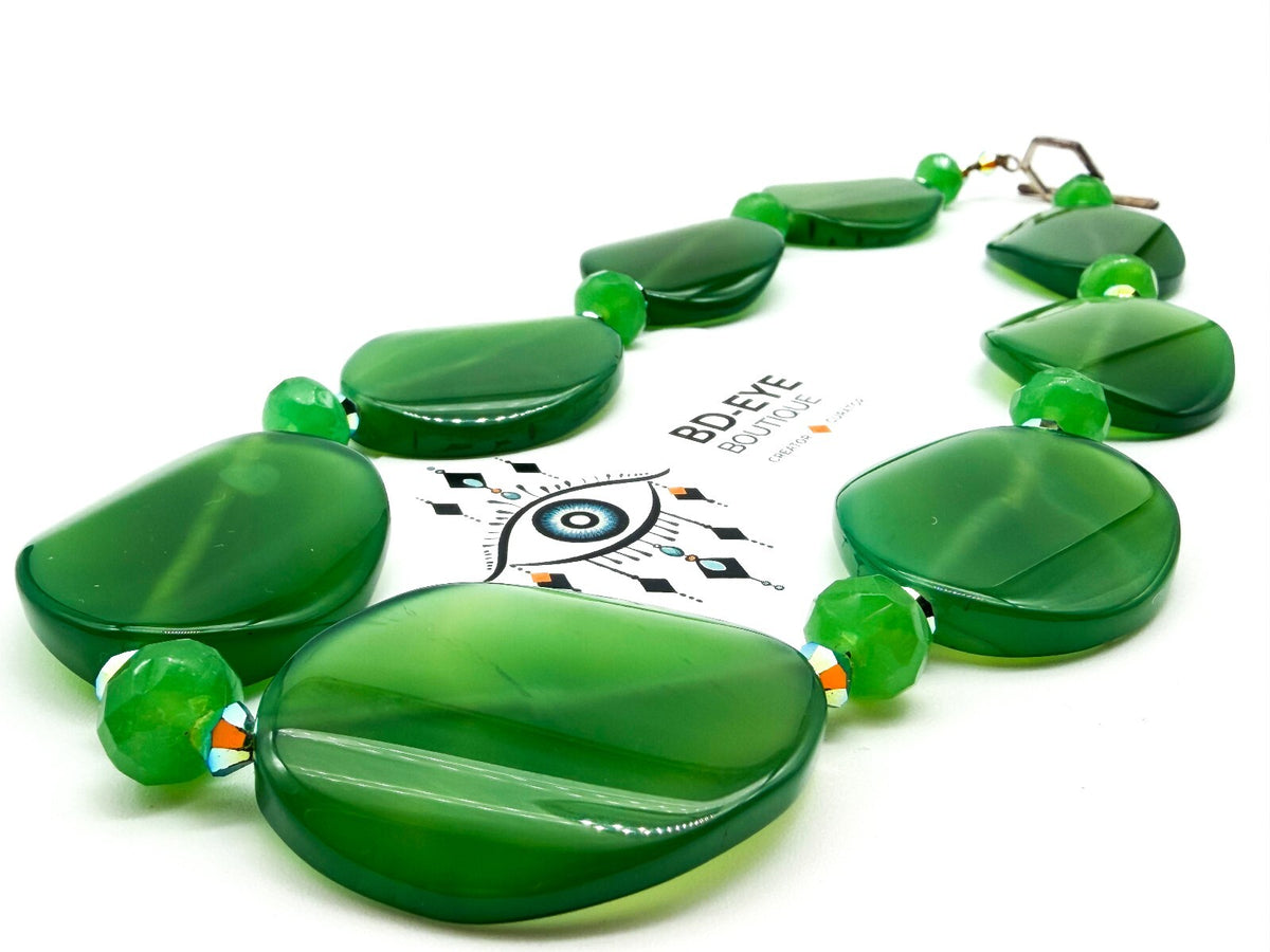 Chunky Green Agate Statement Necklace Faceted Glass Aurora Borealis Beads