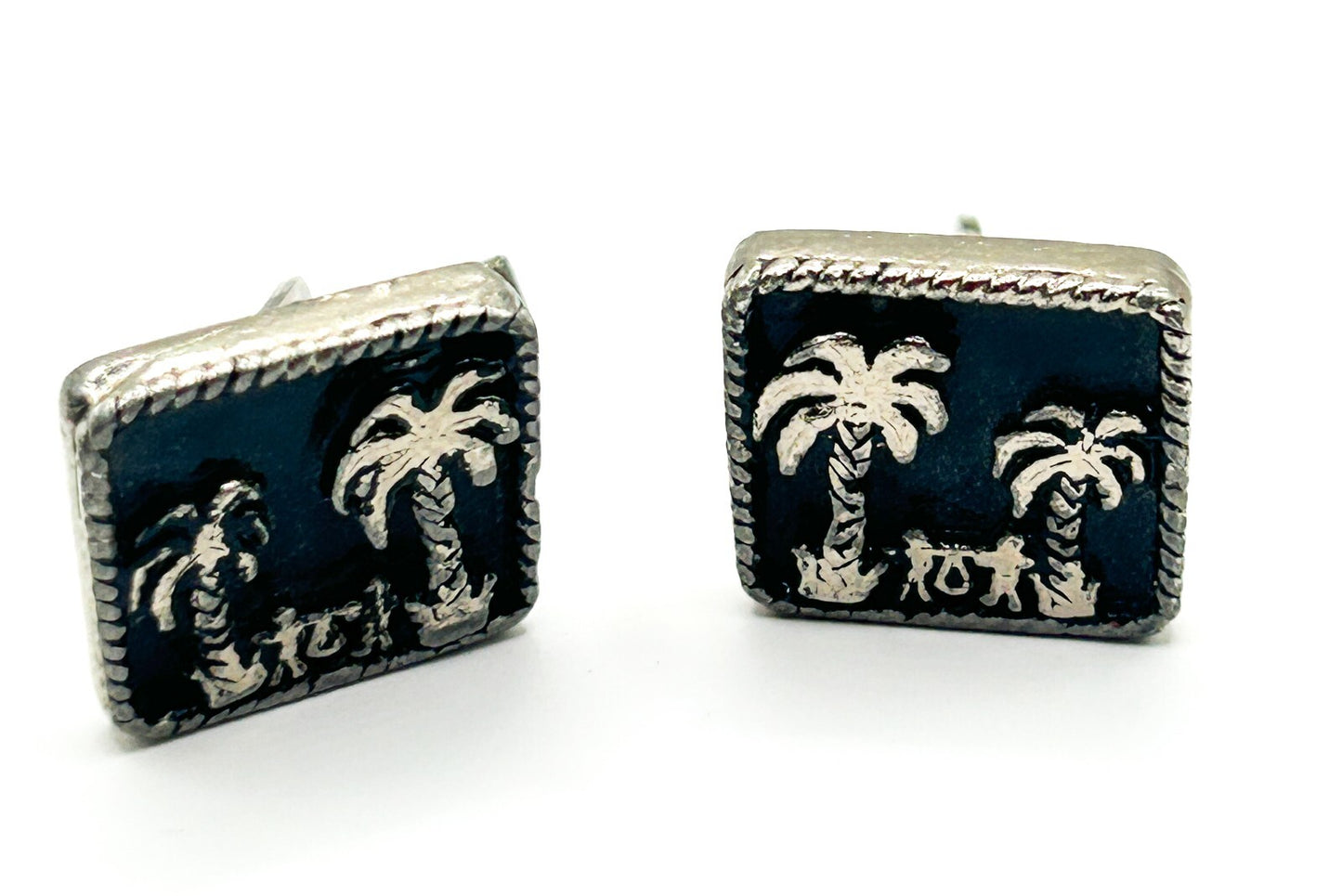 Vintage Egyptian Revival Palm Tree Enamel Cufflinks Silver Plated Figural Scene