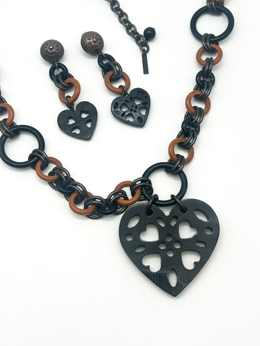 Vintage Moschino Black Acrylic Heart Pendant Necklace & Clip-On Earrings Set