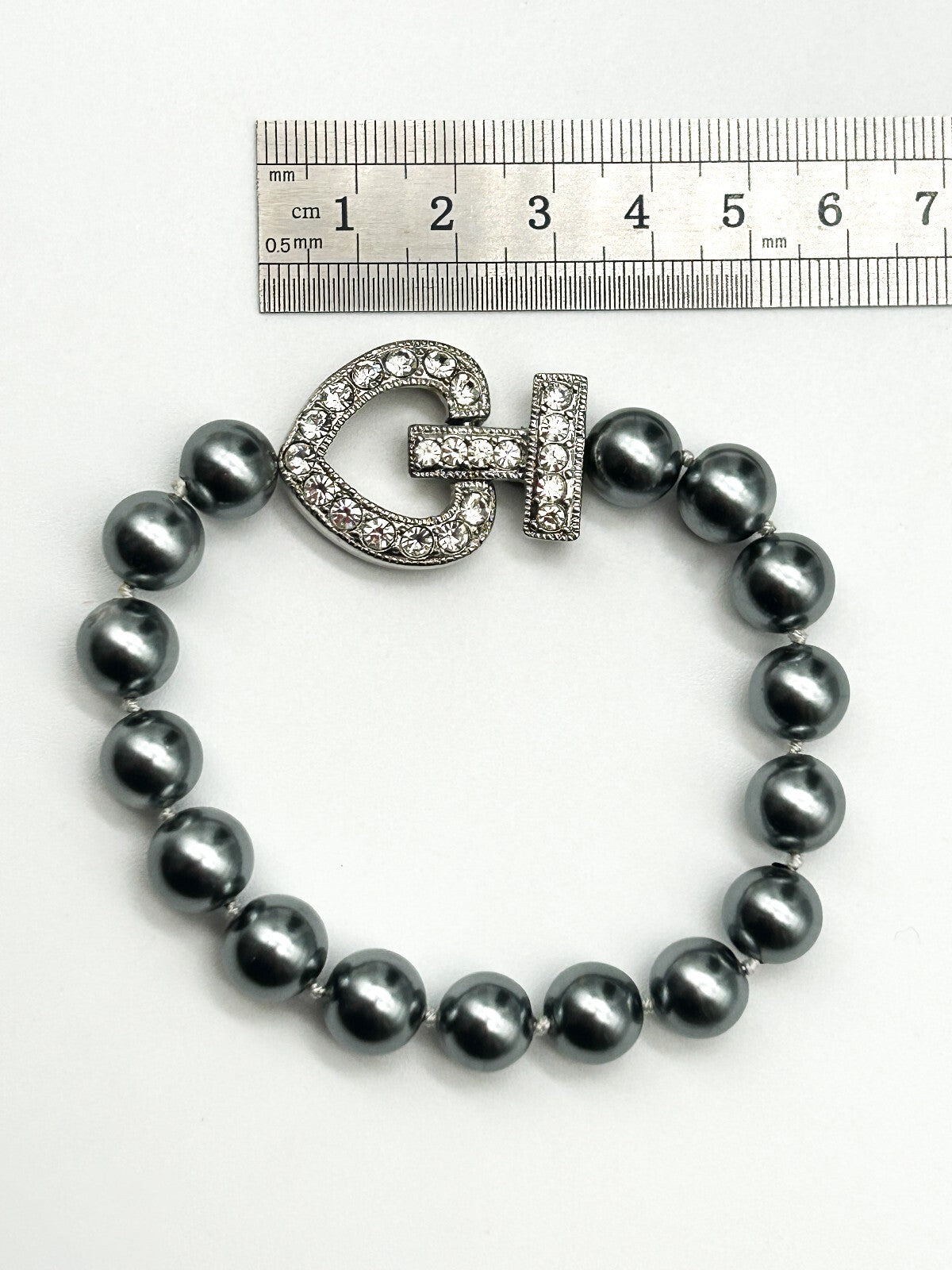 Vintage Grey Faux Pearl Necklace Bracelet Set Rhinestone Heart Clasp 19” 8.5”