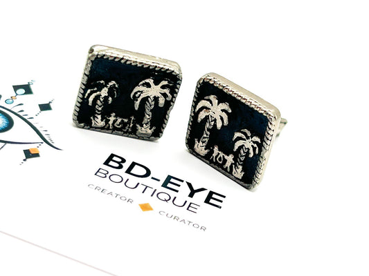 Vintage Egyptian Revival Palm Tree Enamel Cufflinks Silver Plated Figural Scene