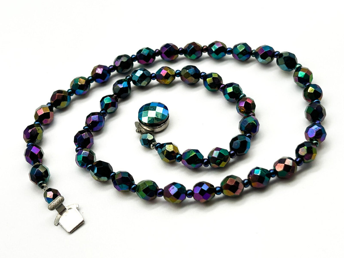 Vintage Carnival Glass Bead Necklace Peacock Iridescent Faceted 19”