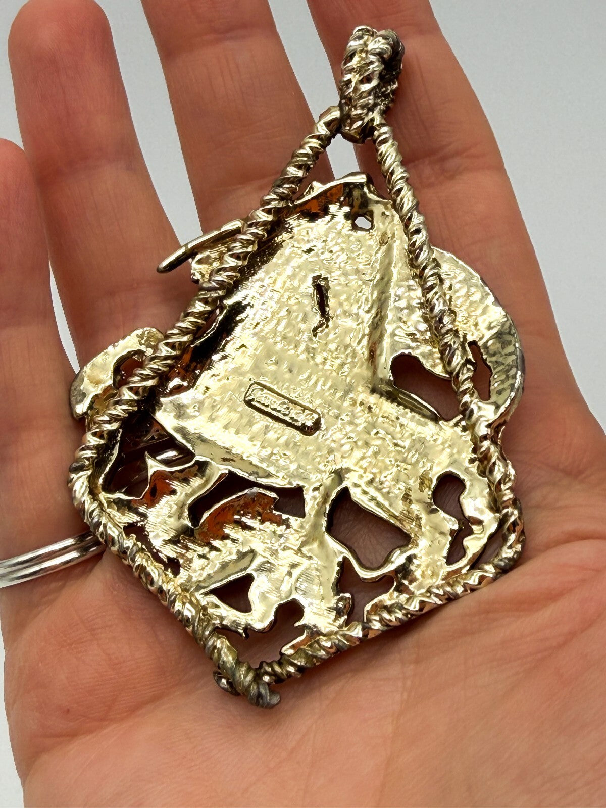 Vintage Jewelcraft St George and Dragon Pendant Gold Tone Signed 8.5cm Signed