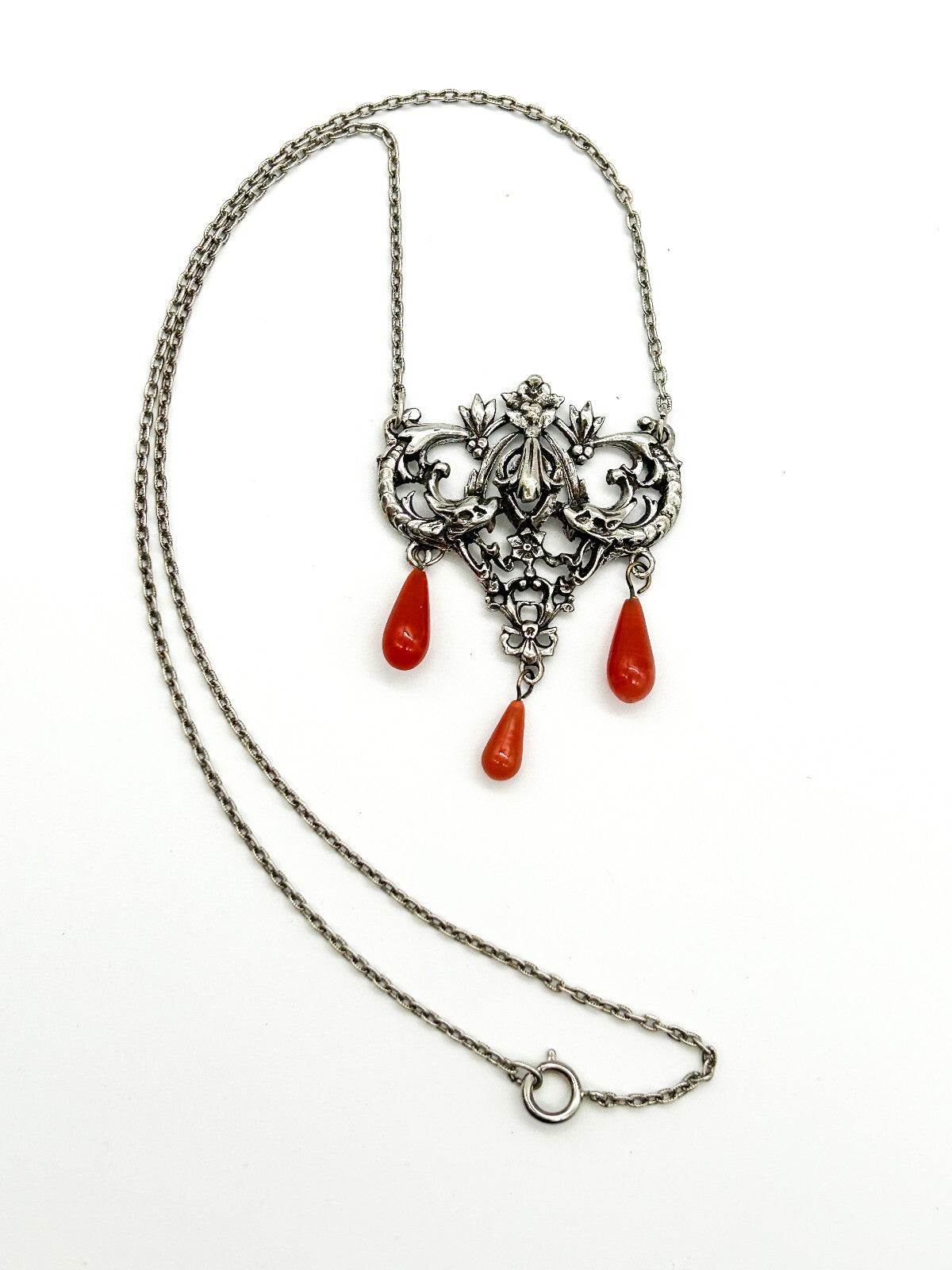 Vintage Art Nouveau Style Pendant Necklace Silver Tone Orange Glass Drops