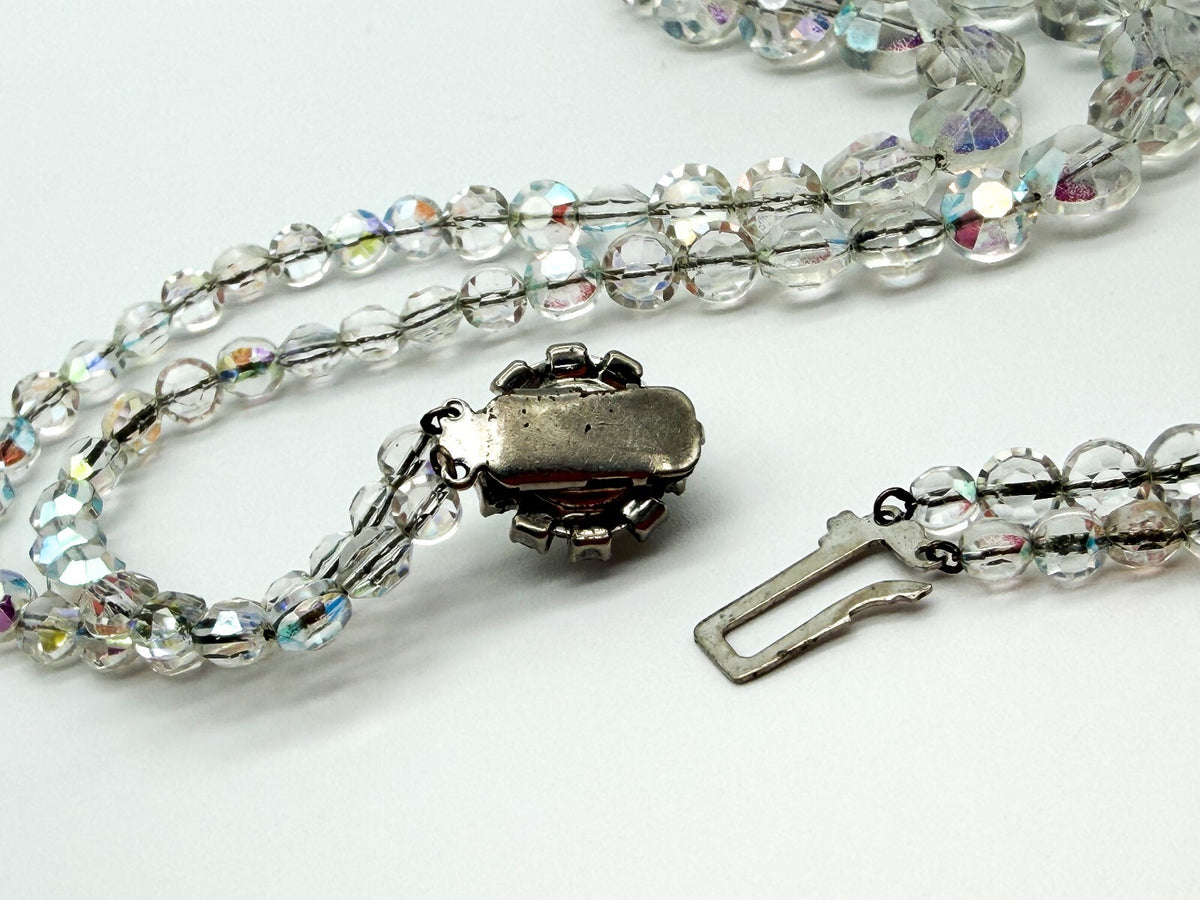 Vintage Aurora Borealis Crystal Glass Double Strand Necklace Rhinestone Clasp