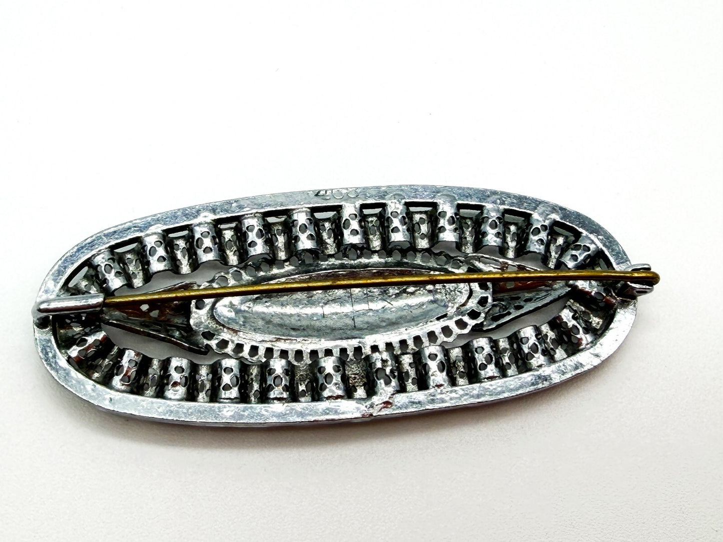 Vintage Art Deco Style Green Rhinestone Filigree Brooch Silver Tone Signed 468