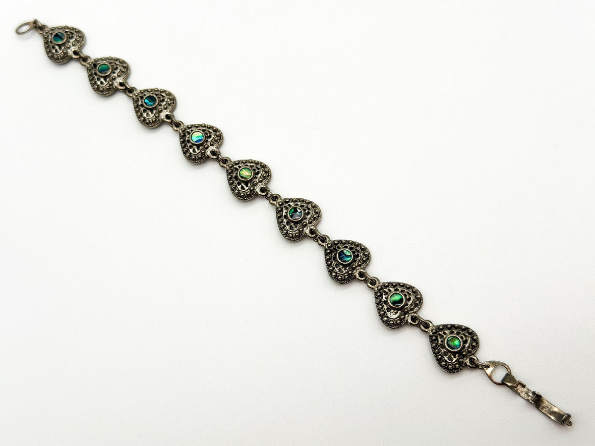 Vintage Abalone Shell Ornate Love Heart Panel Link Bracelet Silver Tone 7”