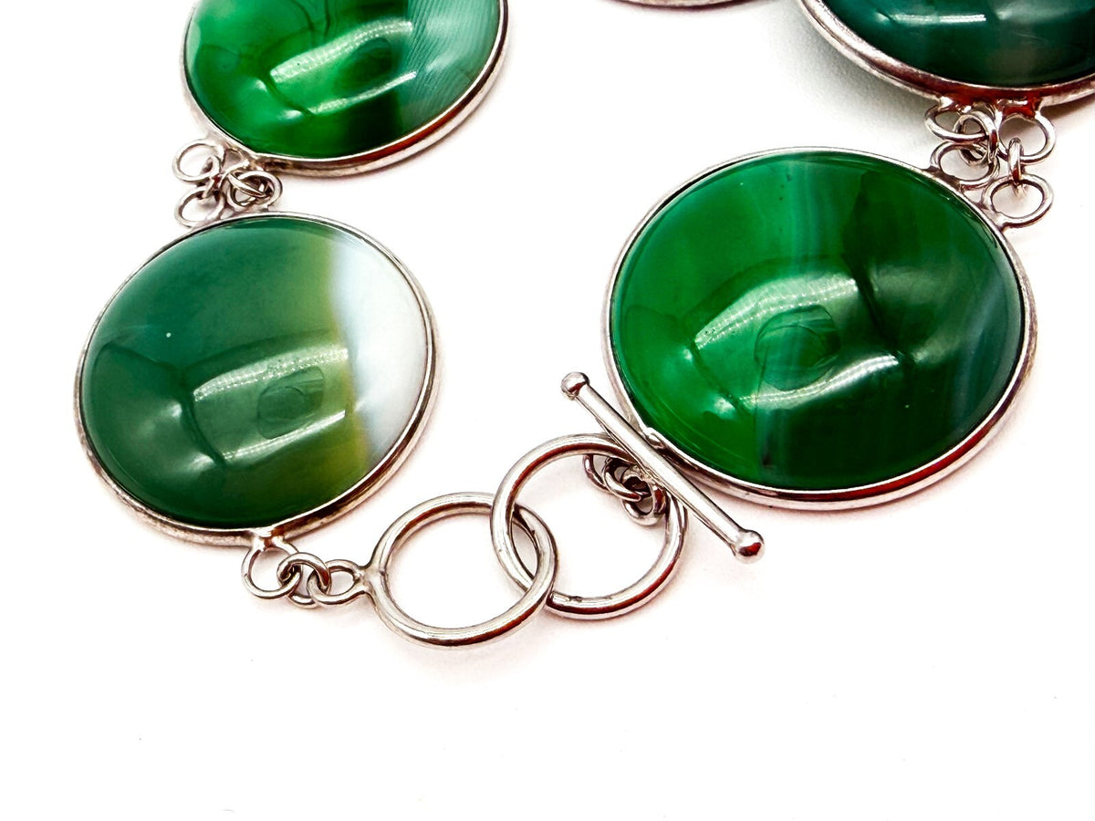 925 Sterling Silver Plated Green Agate Link Bracelet Open Bezel Gemstone Toggle