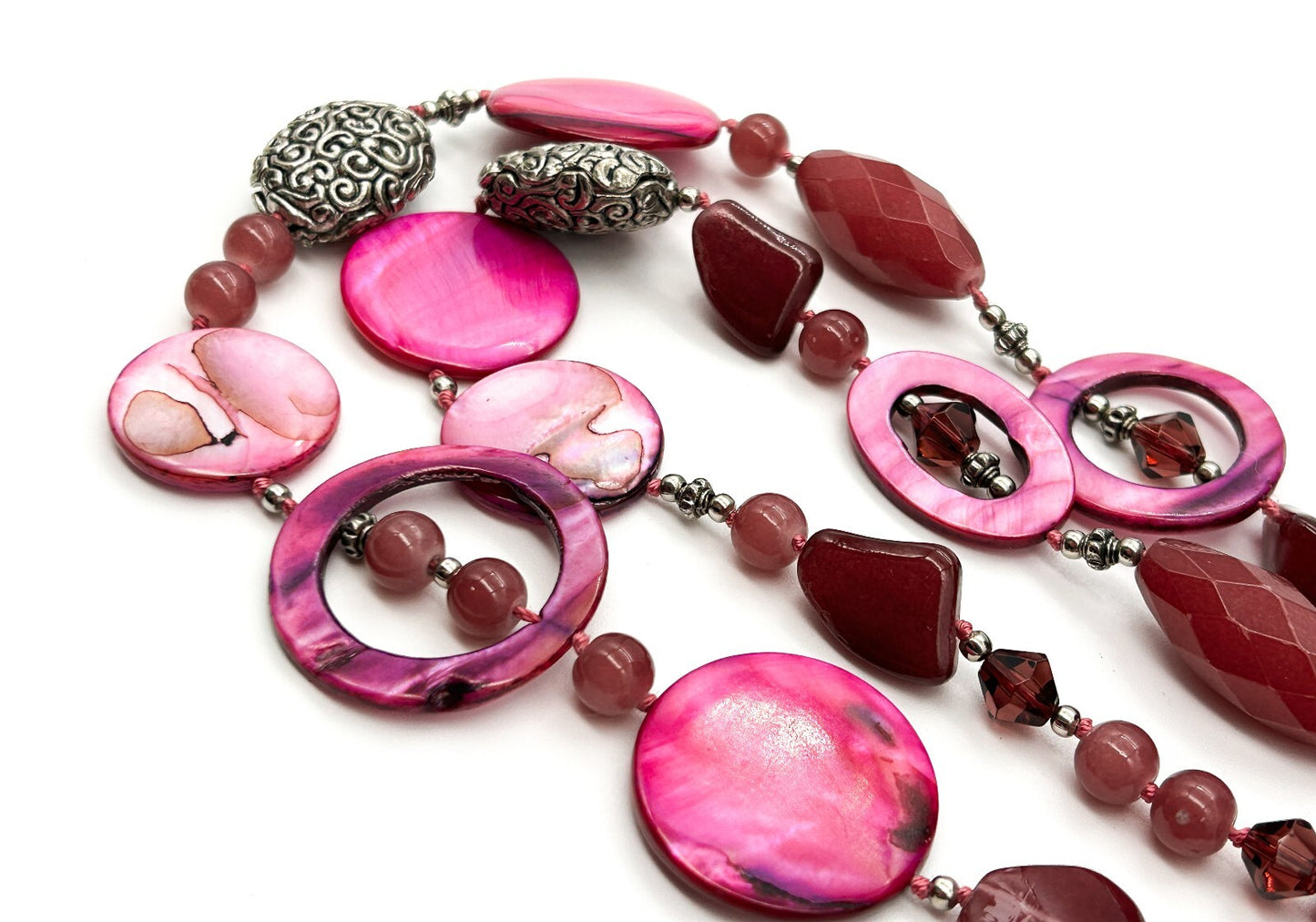 Hand Knotted Pink Shell Statement Necklace Magenta Purple Glass Boho