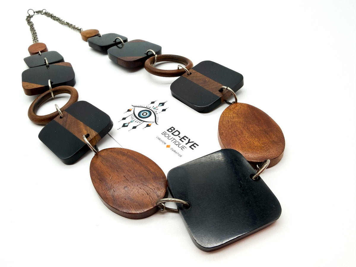 Chunky Wood & Black Resin Geometric Statement Necklace Retro Silver Chain
