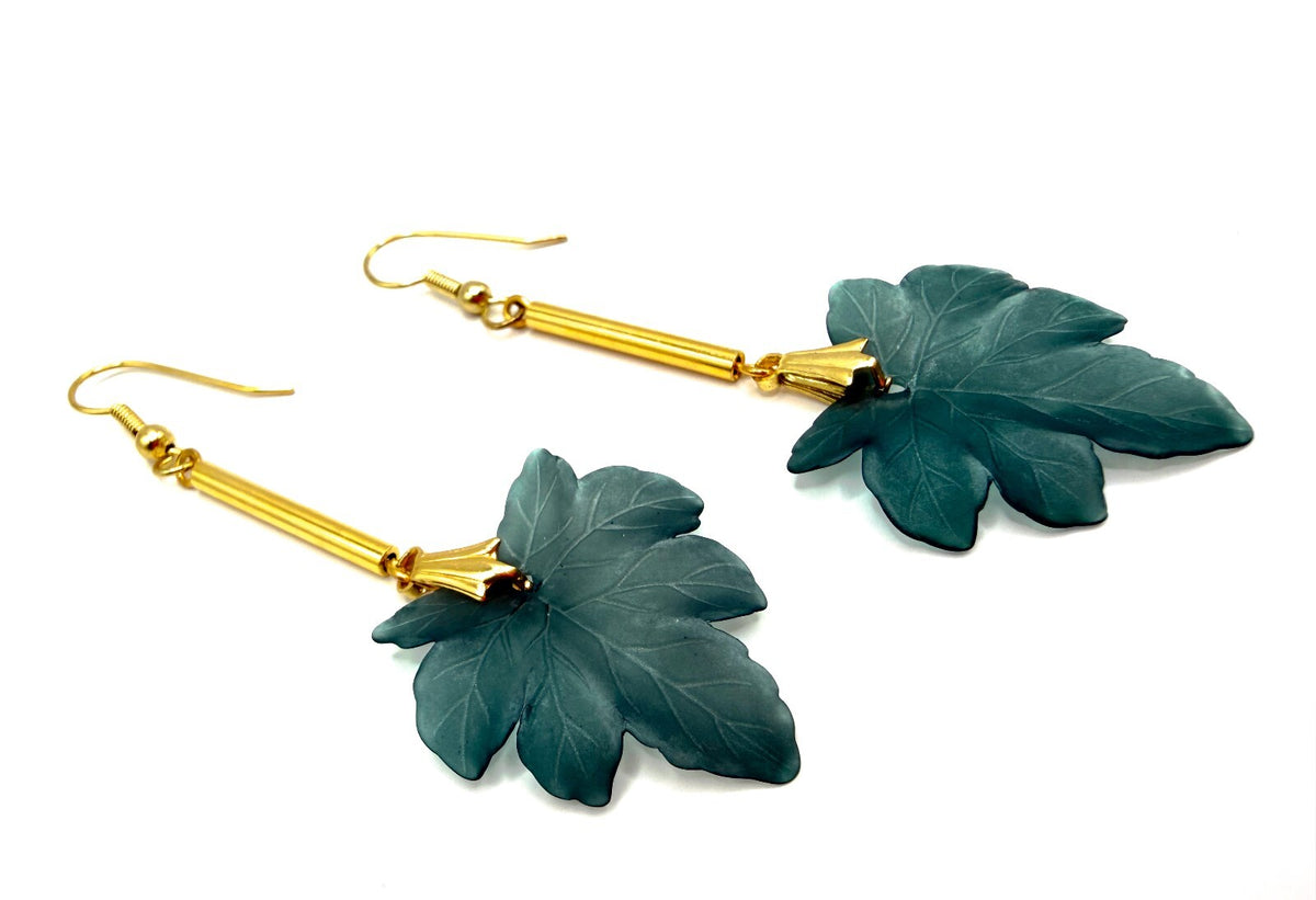 Teal Green Leaf Drop Earrings Gold Tone Vintage Deadstock Handmade Originals