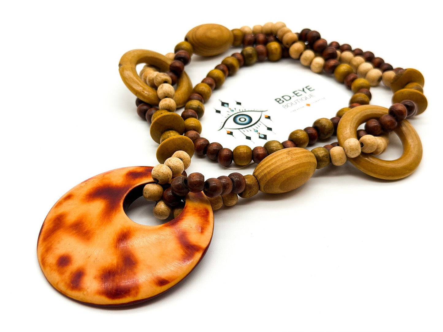 Boho Wood & Resin Statement Necklace Large Disc Pendant Natural Wooden Beads