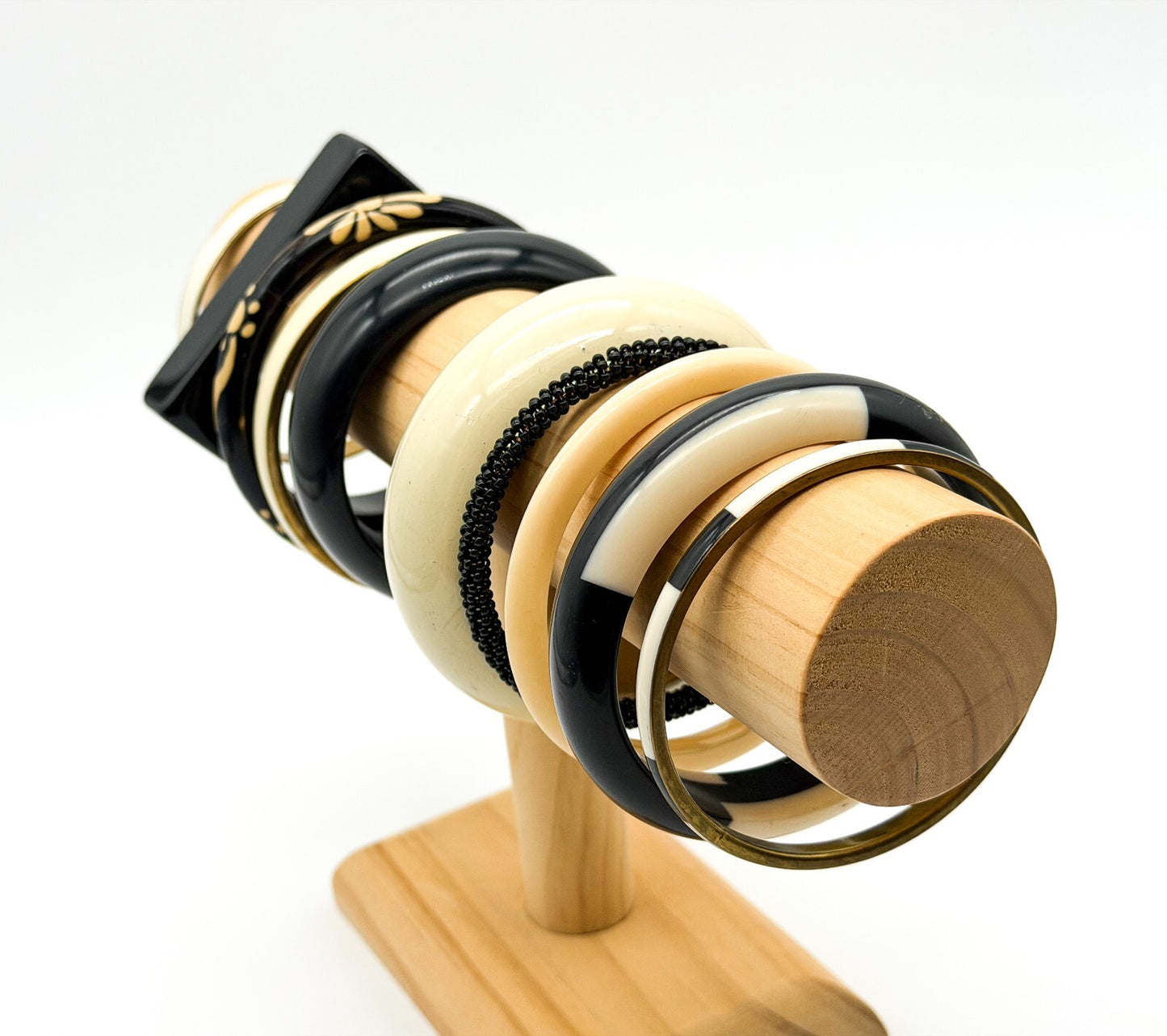 Vintage Black White Cream Bangle Bundle Gold Tone Acrylic Enamel Bracelet Set