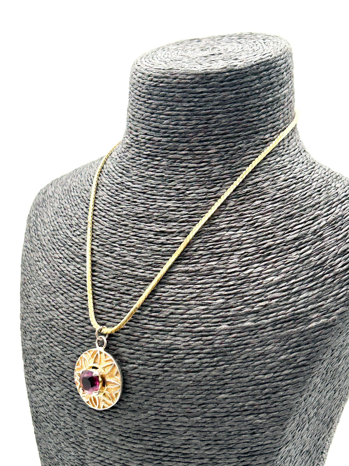 Vintage Purple Glass Statement Pendant Necklace Gold Tone Retro Jewellery