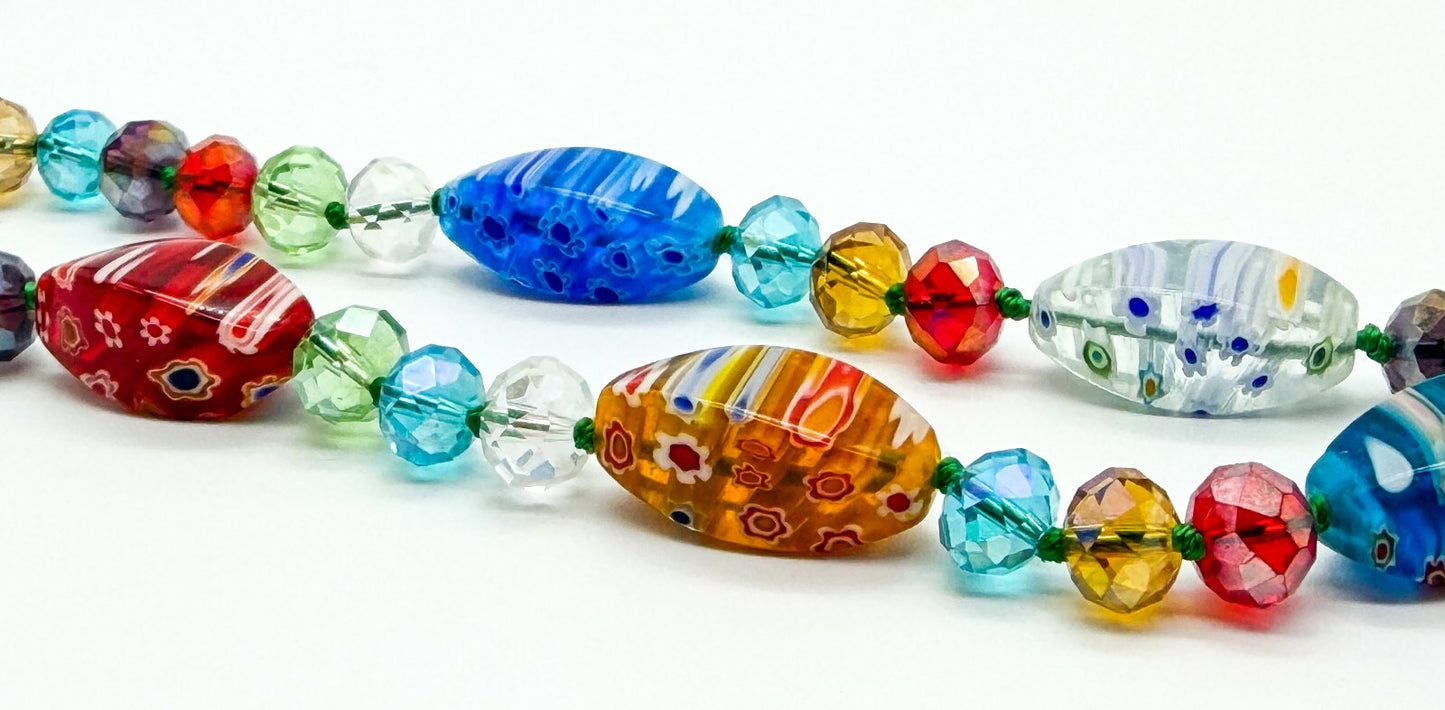 M&S Millefiori Art Glass Necklace Hand Knotted Faceted Glass Floral Beads 17”