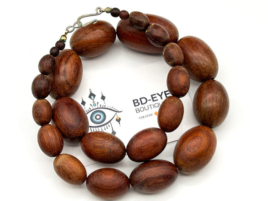 Vintage Chunky Wood Bead Necklace Graduated Oval Natural Wooden Beads