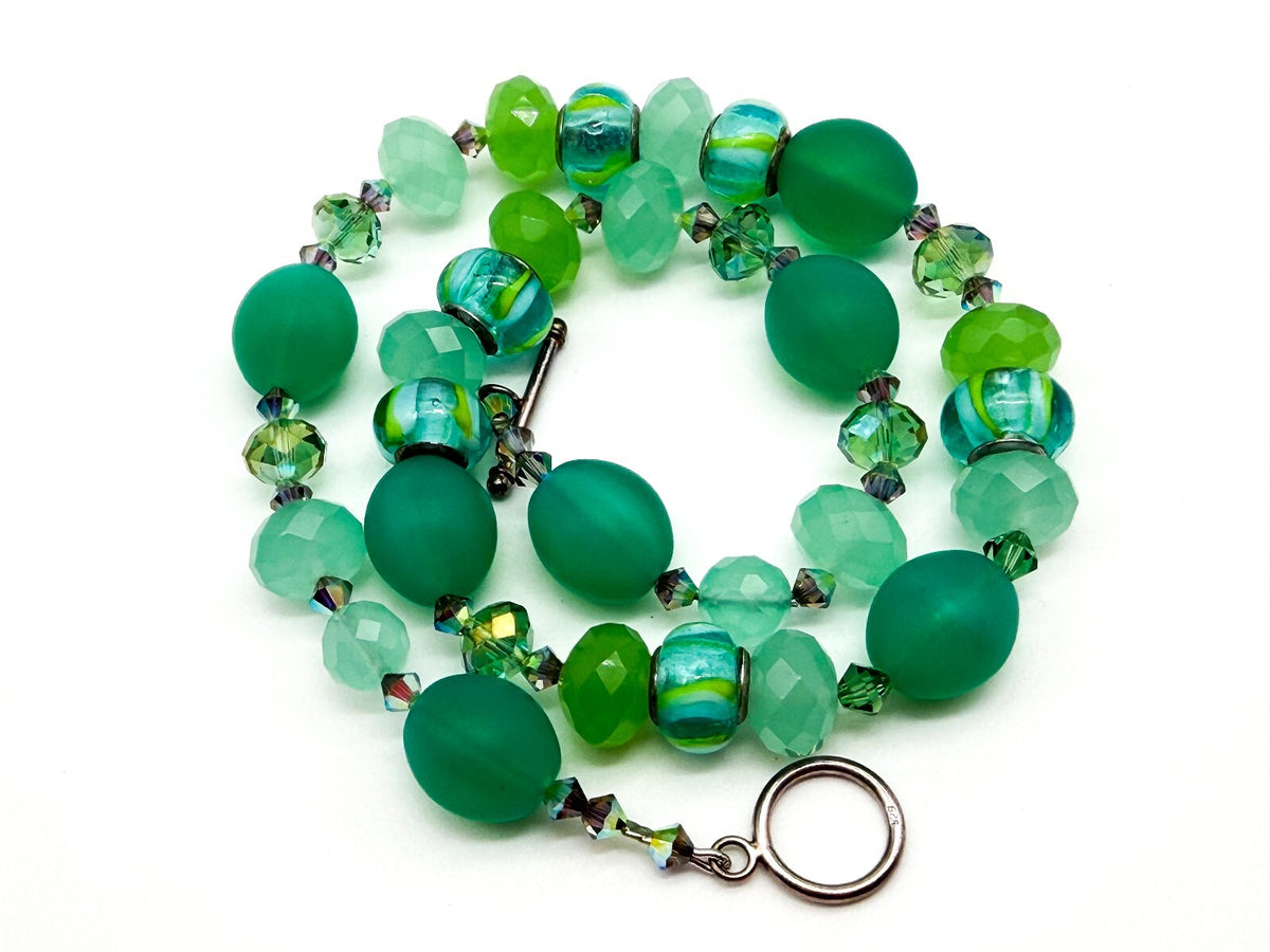 Frosted Green Glass Necklace Earrings Set Lampwork Beads Toggle Clasp Statement