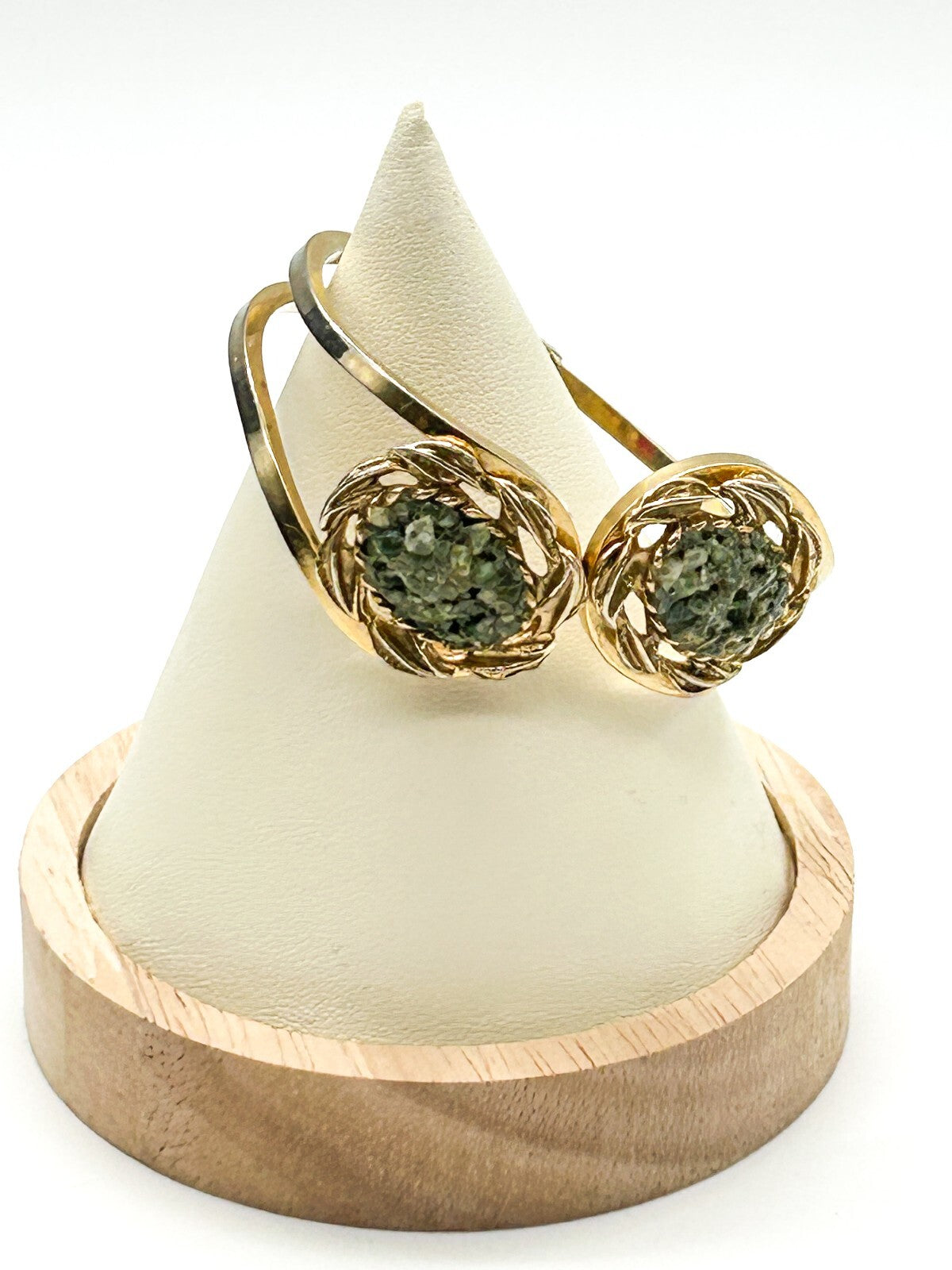Vintage Gold Tone Faux Jade Glass Clamper Bangle Hinged Bracelet