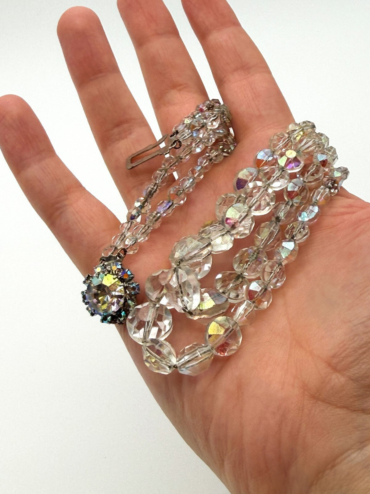 Vintage Aurora Borealis Crystal Glass Double Strand Necklace Rhinestone Clasp