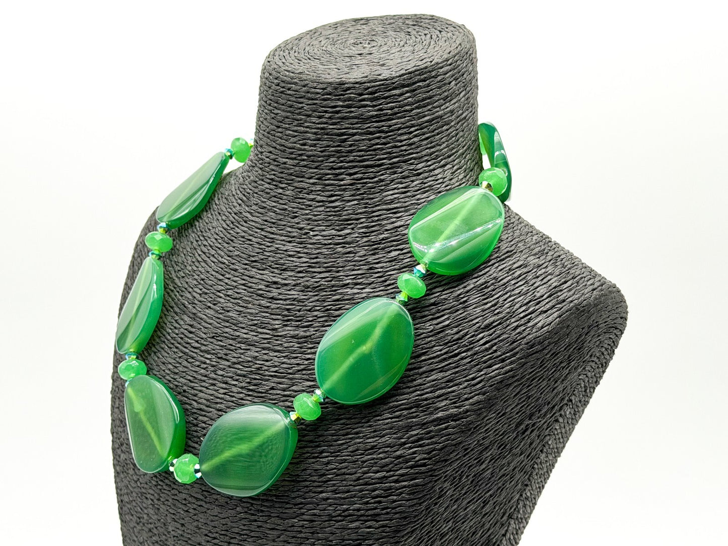 Chunky Green Agate Statement Necklace Faceted Glass Aurora Borealis Beads