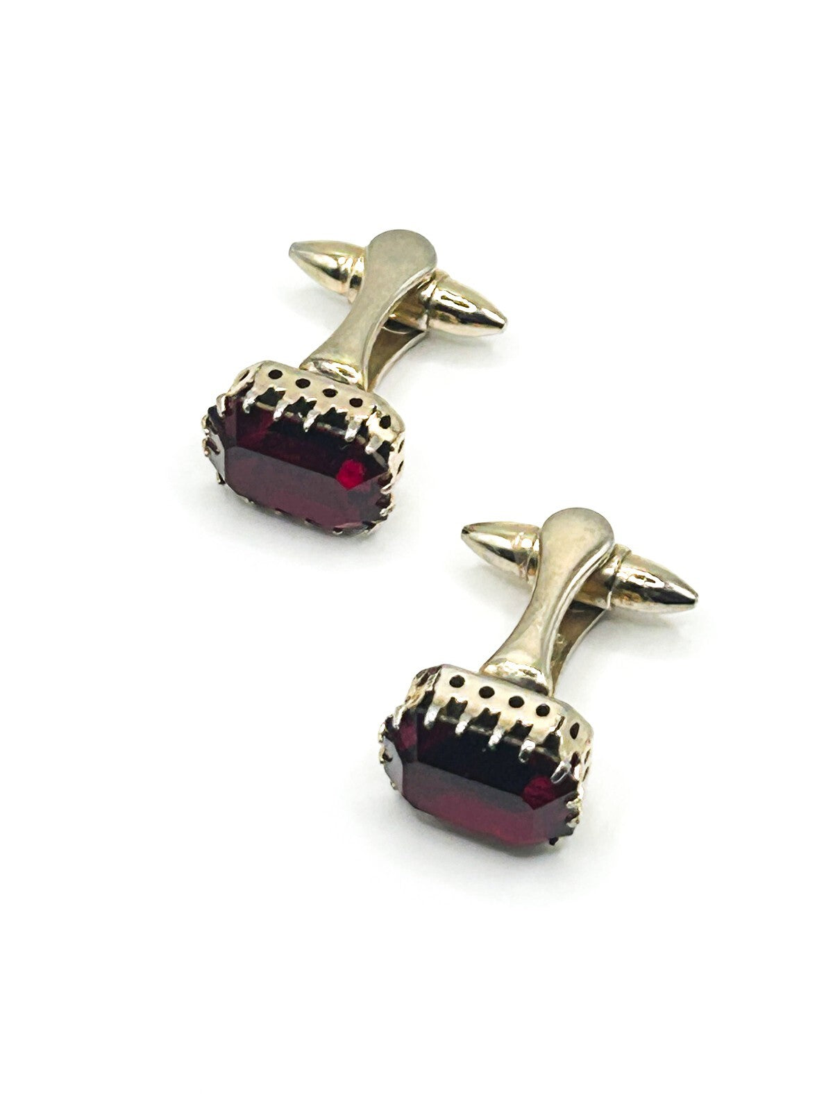 Vintage Ruby Red Faceted Glass Gold Tone Cufflinks PAT APP Prong Set 1950s 60s