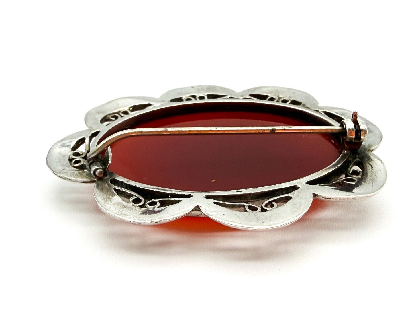 Vintage Carnelian Silver Plated Statement Brooch Oval Gemstone Scalloped Pin
