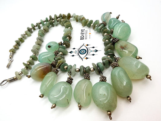 Vintage Green Aventurine Gemstone Fringe Necklace Large Nugget Drops 23” Chunky