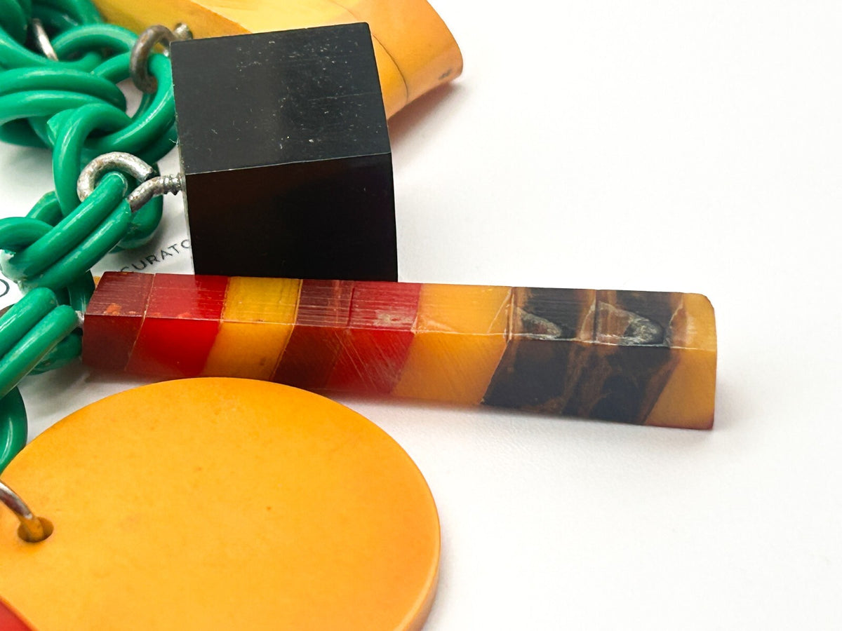 Vintage Bakelite Charm Necklace Attrib. Jan Carlin Celluloid Chain Statement
