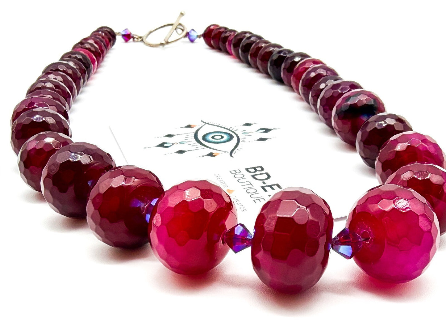 Chunky Ruby Red Quartz Necklace Faceted Magenta Gemstone Statement Toggle Clasp
