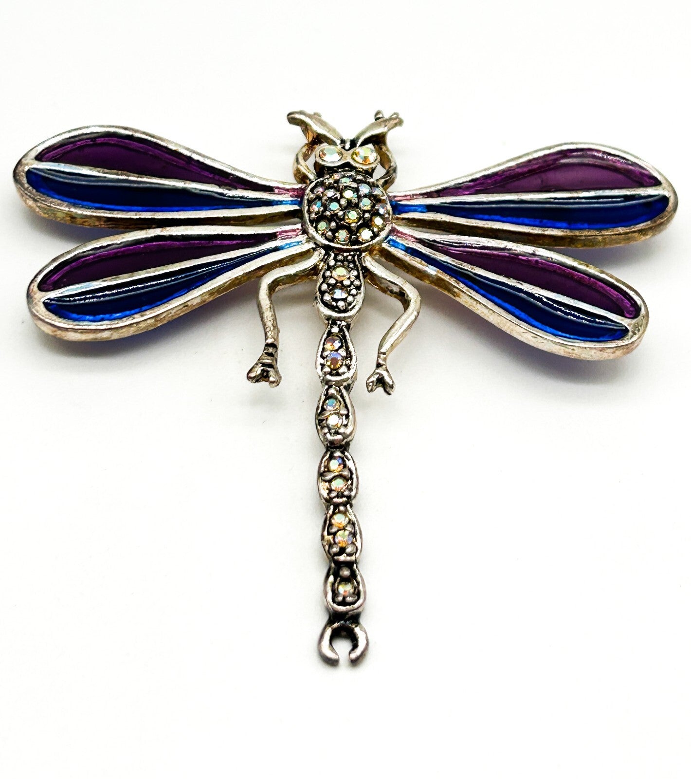 Vintage Purple Enamel Dragonfly Brooch AB Rhinestone Glass Figural Statement