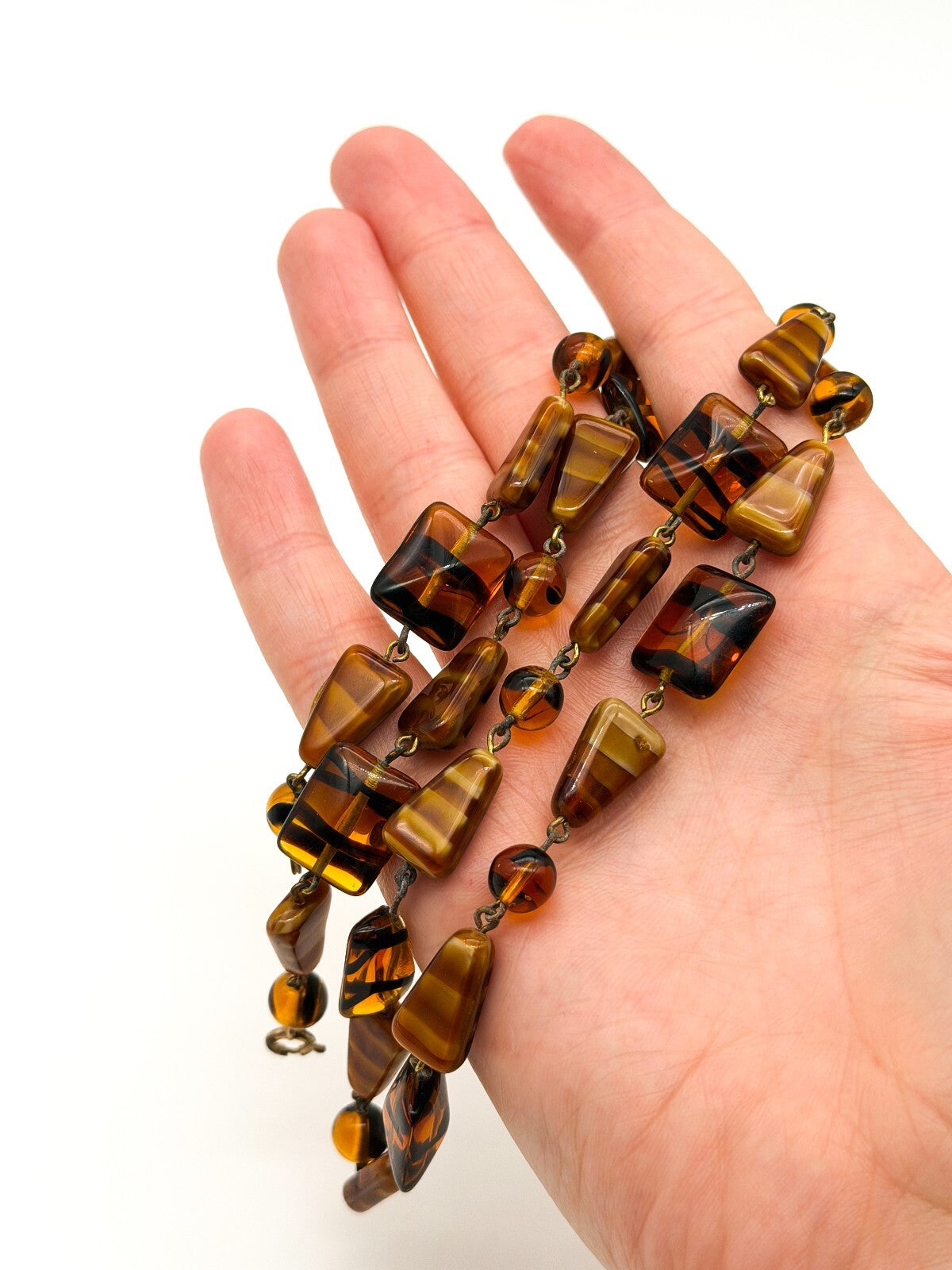 Vintage Amber Art Glass Necklace Givre Black Stripe Geometric Beads 24.5 Inch
