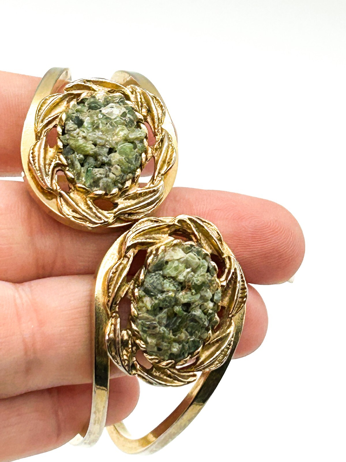 Vintage Gold Tone Faux Jade Glass Clamper Bangle Hinged Bracelet