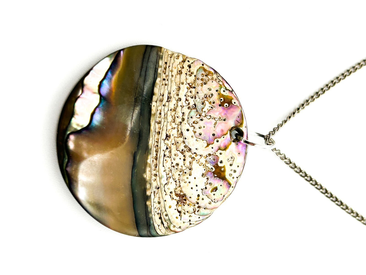 Carved Natural Paua Abalone Shell Face Pendant Necklace Iridescent Statement