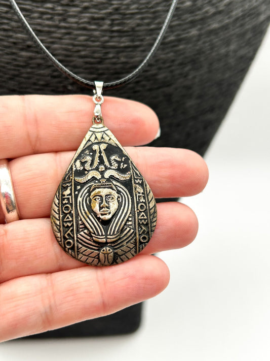 Vintage Egyptian Revival Silver Tone Pendant Necklace Pharoh Art Deco Rescue