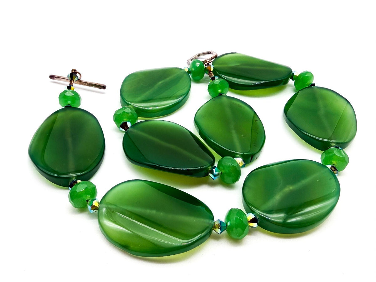 Chunky Green Agate Statement Necklace Faceted Glass Aurora Borealis Beads