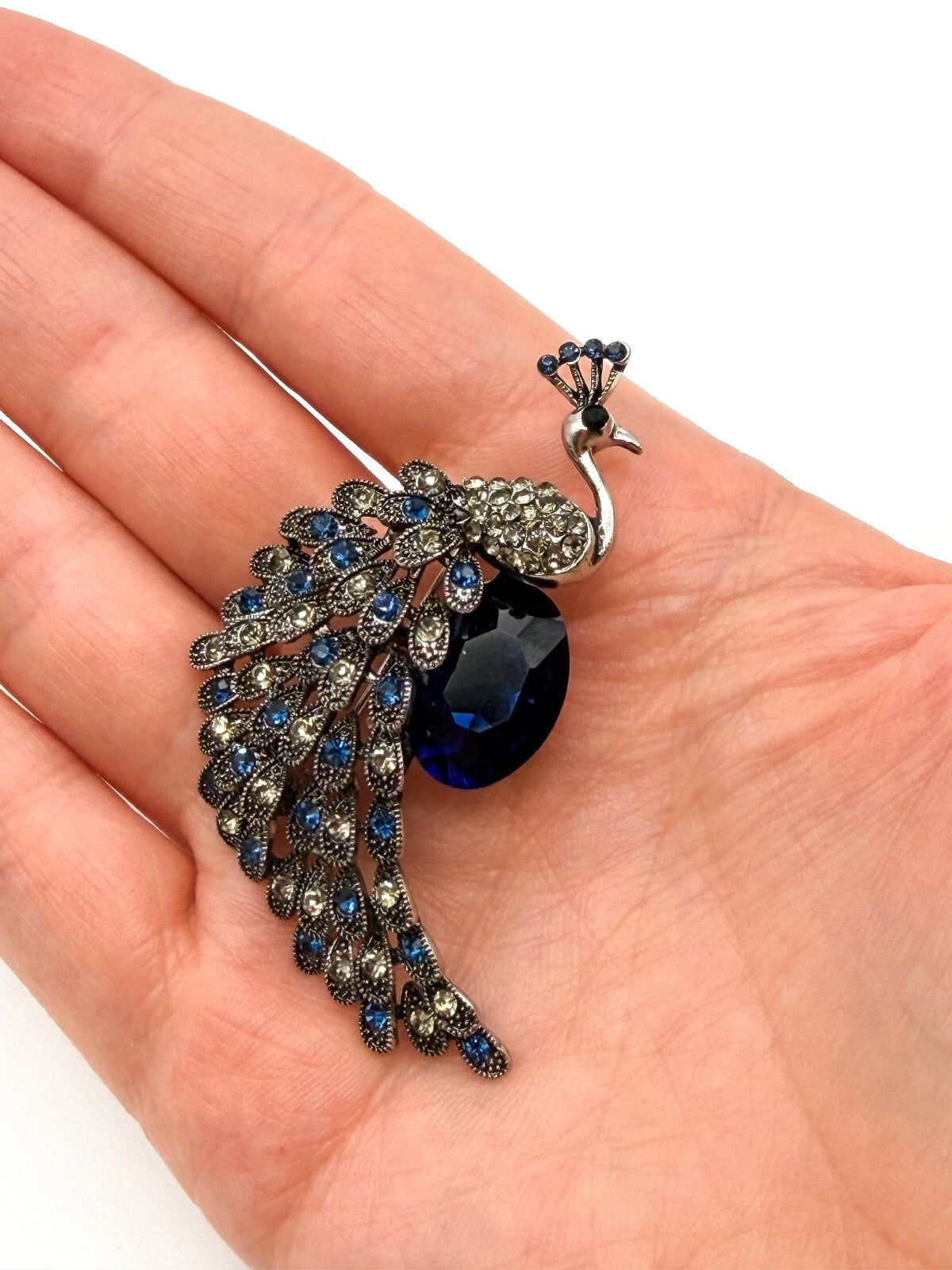 Peacock Rhinestone Brooch Blue Faceted Glass Bird Pin Silver Tone Statement