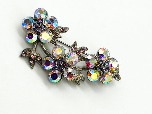 Vintage Aurora Borealis Rhinestone Floral Spray Brooch Silver Tone Flower Pin
