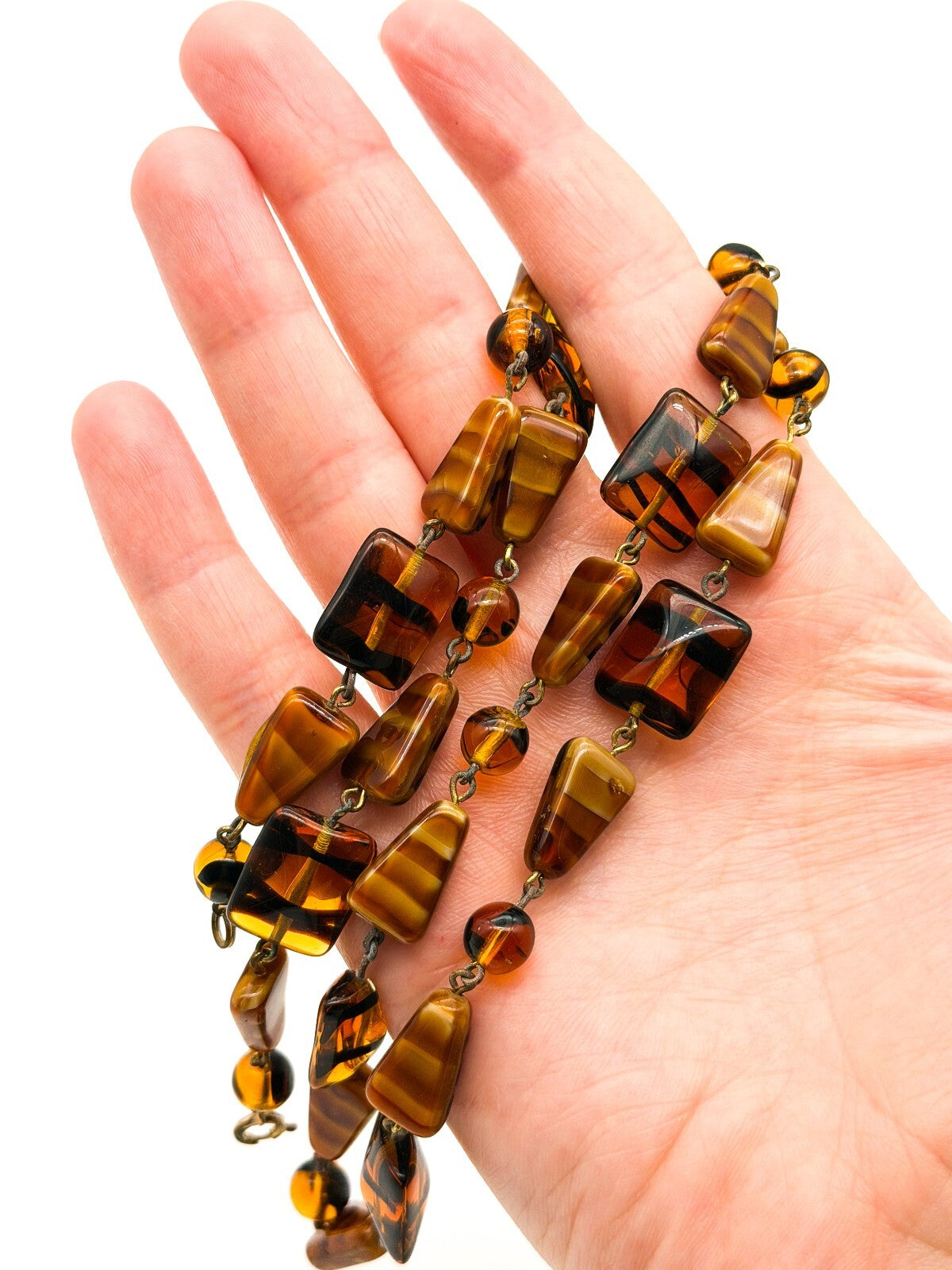 Vintage Amber Art Glass Necklace Givre Black Stripe Geometric Beads 24.5 Inch